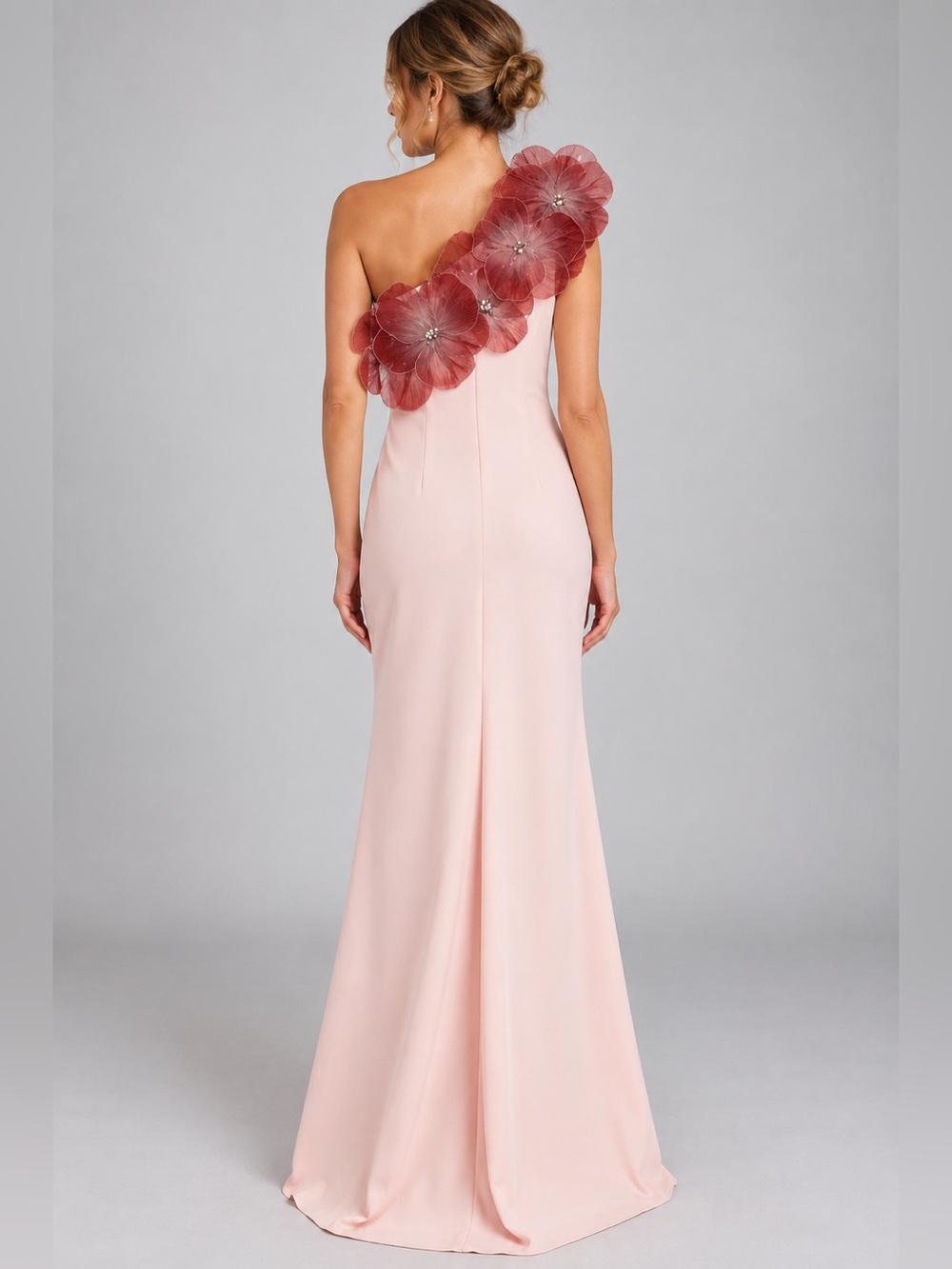 NWT Badgley Mischka 3D Floral Embellished One Shoulder Blush Crepe Gown 2 - Picture 2 of 8